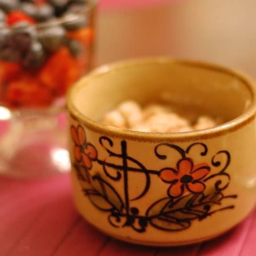 Morning grains in a decorative mug.