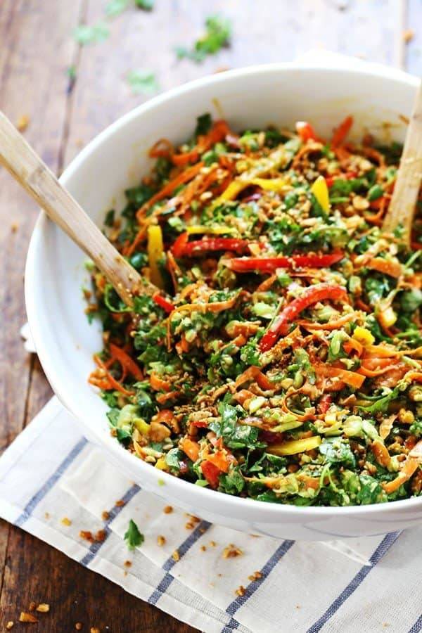 Chopped Thai Salad with Sesame Garlic Dressing in a mixing bowl.