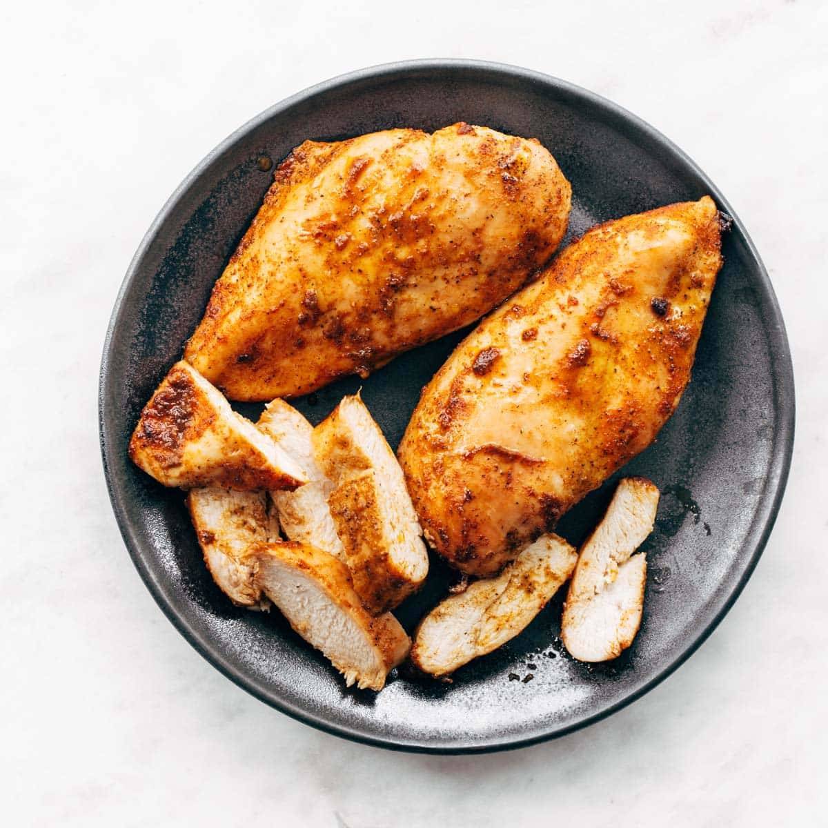 Baked chicken on a plate.