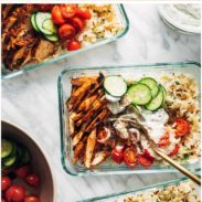 Meal prep on the counter of the buffalo chicken bowls.