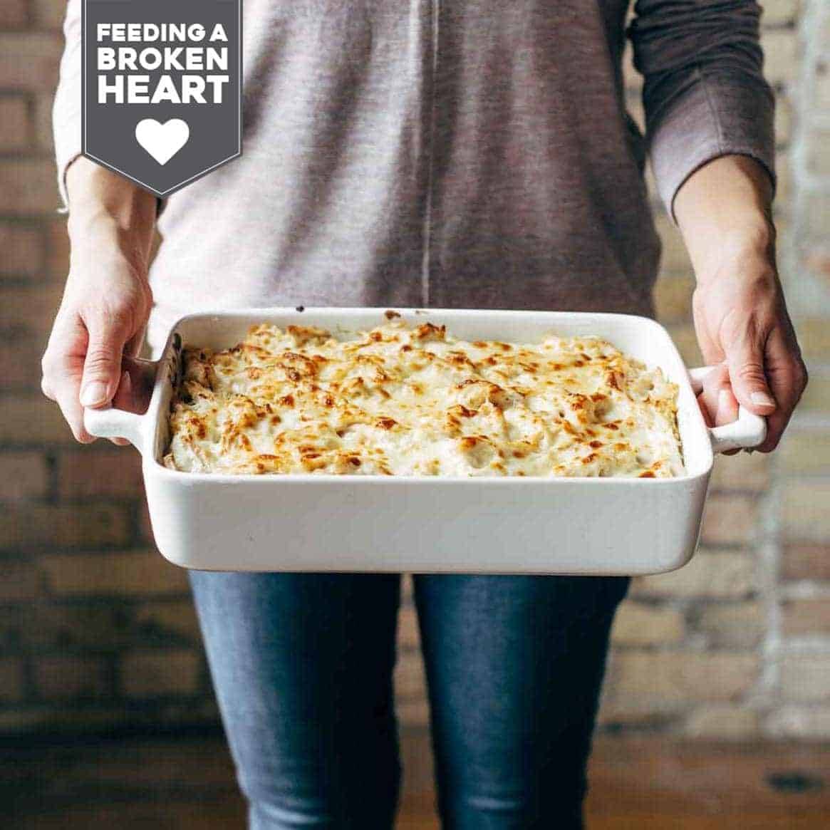 Chicken tetrazzini in a pan.