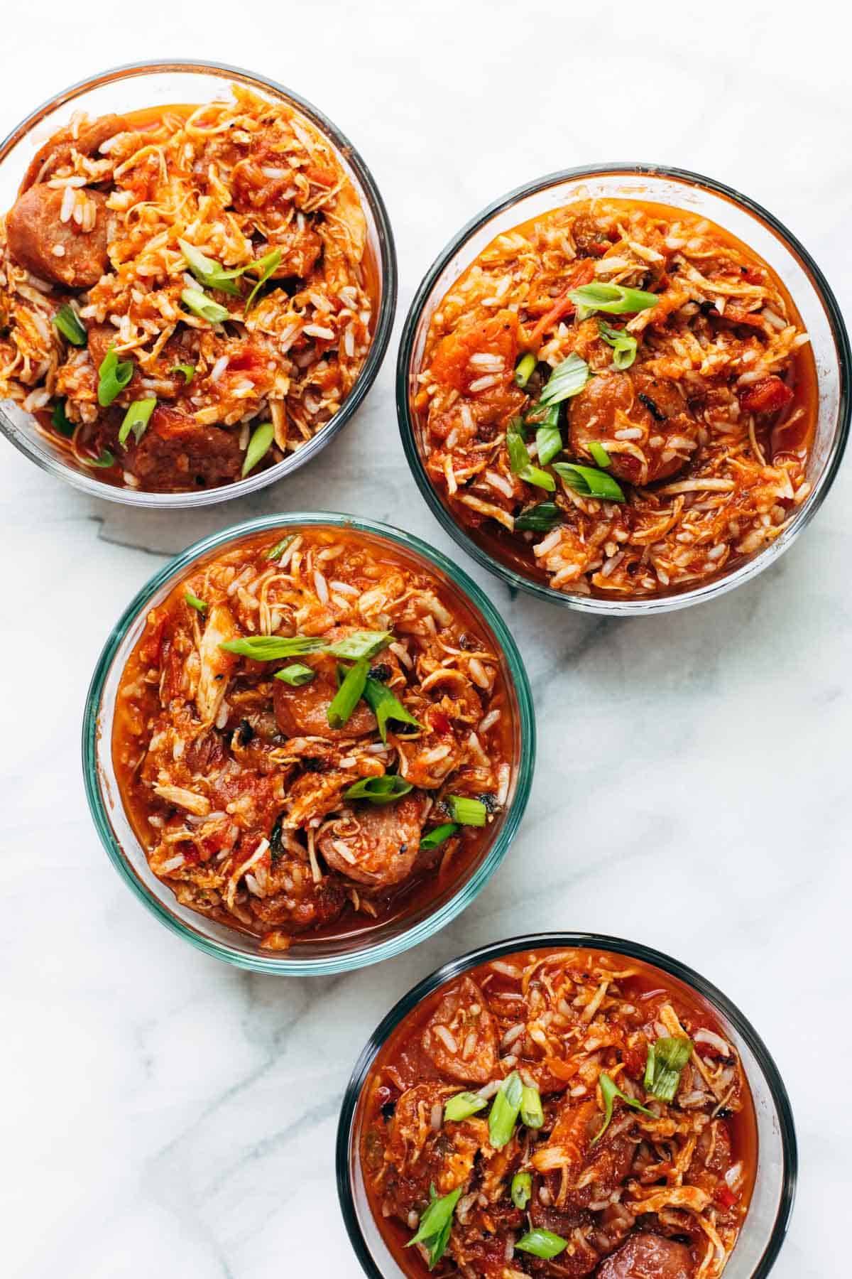 Creole chicken and sausage in meal prep bowls.