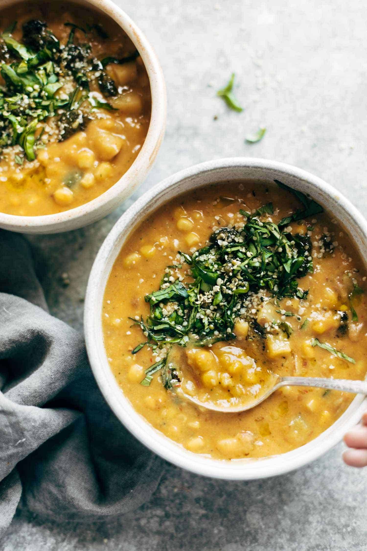 Chipotle Corn Chowder :: creamy, just a little spicy, and chock-full of summer produce like corn, zucchini, and basil. vegan, gluten free. | pinchofyum.com