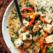 Coconut soup with veggies and tofu.