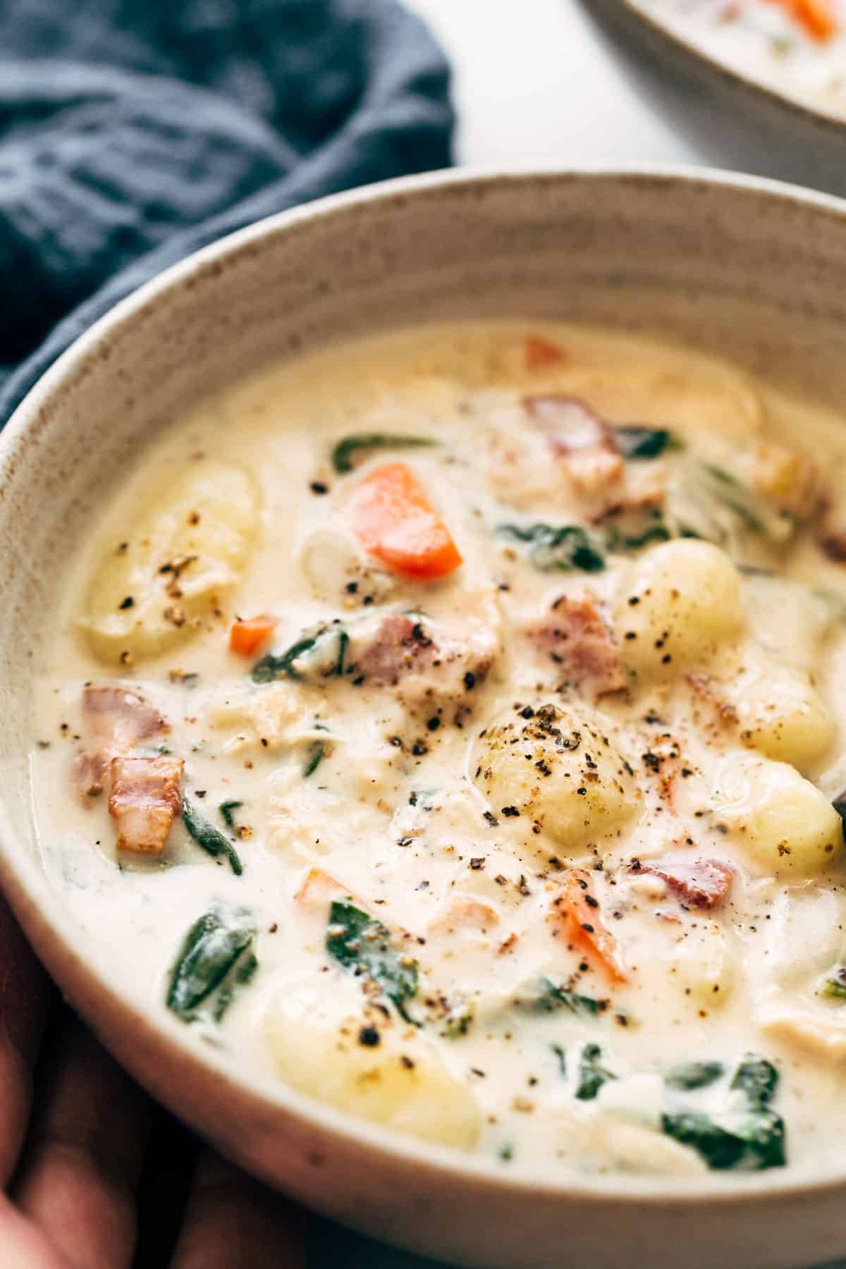 Close up picture of Crockpot Chicken Gnocchi Soup.