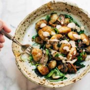 A picture of Mushroom Gnocchi with Arugula and Walnut Pesto