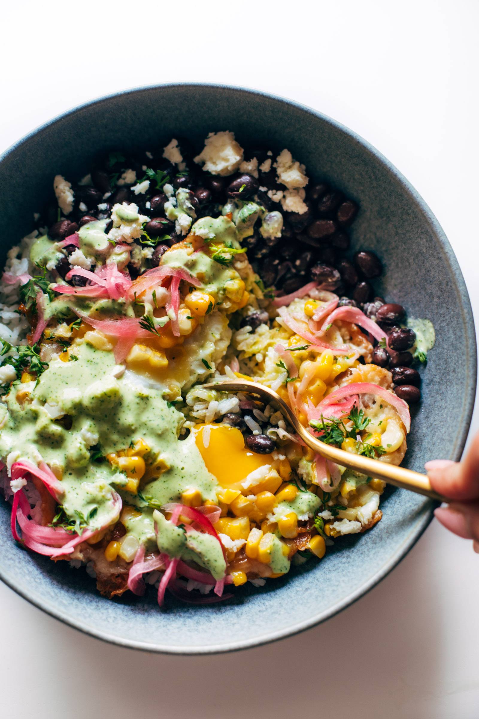 Elote fried egg bowls with aji verde