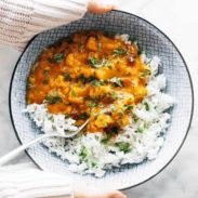 Cauliflower curry on top of white rice.