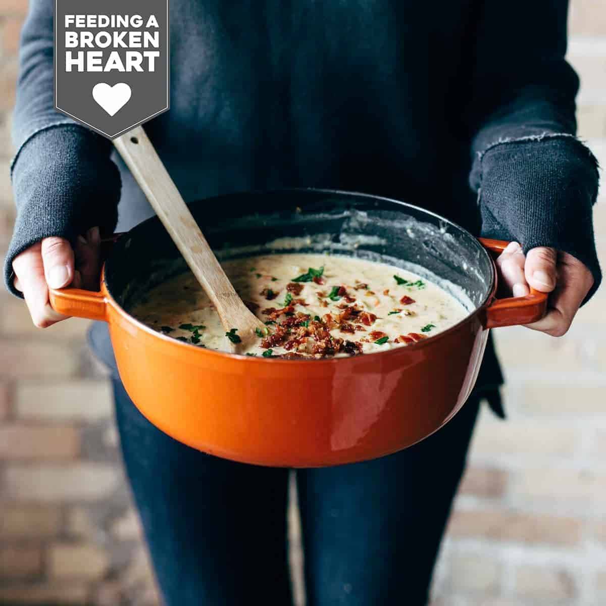 Creamy potato soup in a pot.