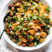 A picture of Mini Chicken Meatballs with Crispy Potatoes and Romesco