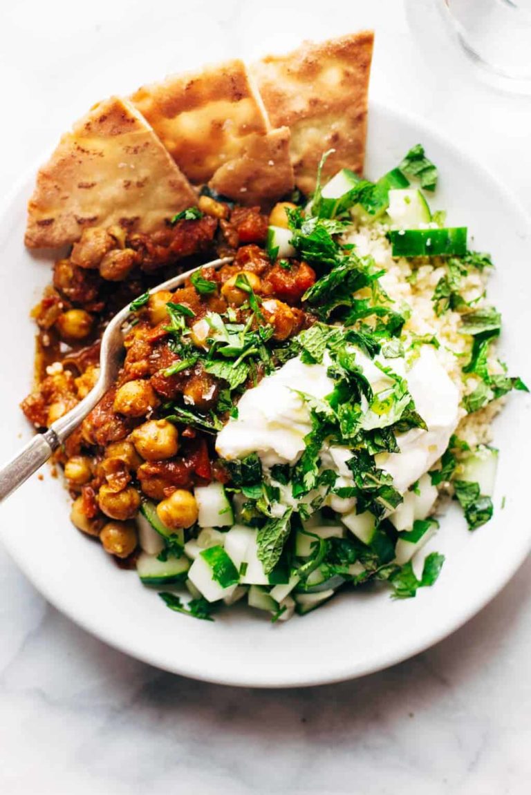 Moroccan Chickpeas in a bowl with couscous.