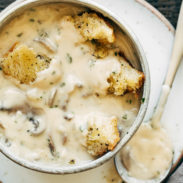 Cream of Mushroom Soup with croutons in a bowl.