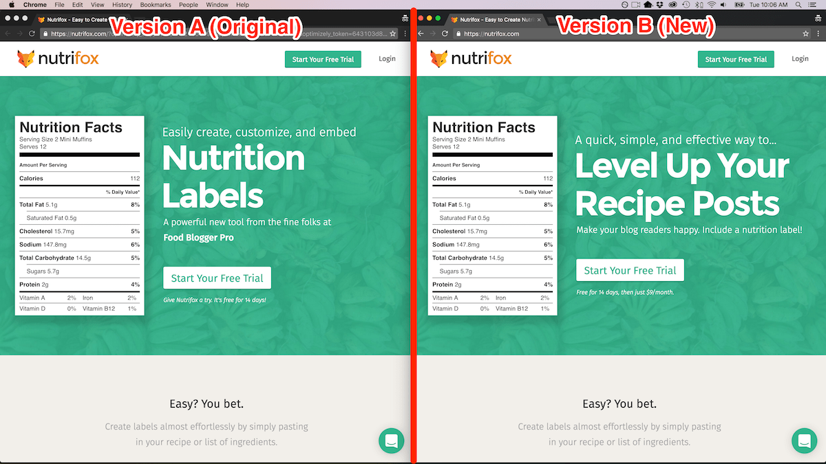 A/B Test on Nutrifox Home Page.