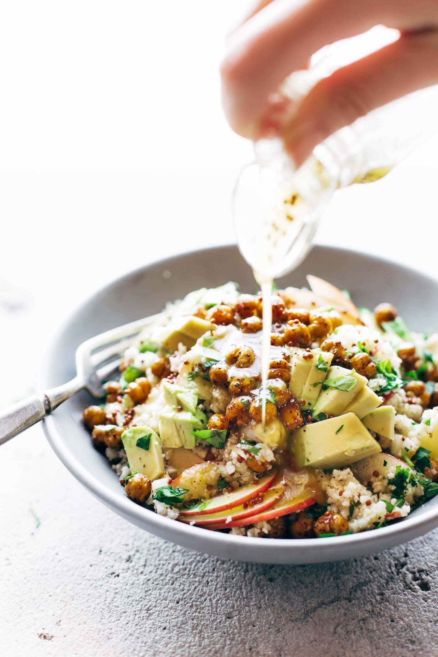 Spring Detox Cauliflower Salad with a drizzle of sweet mustard dressing.