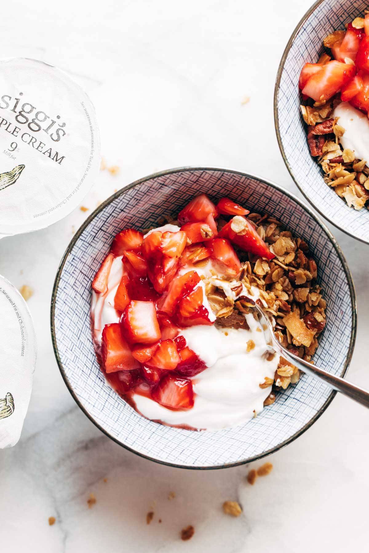 Strawberry shortcake yogurt bowls.