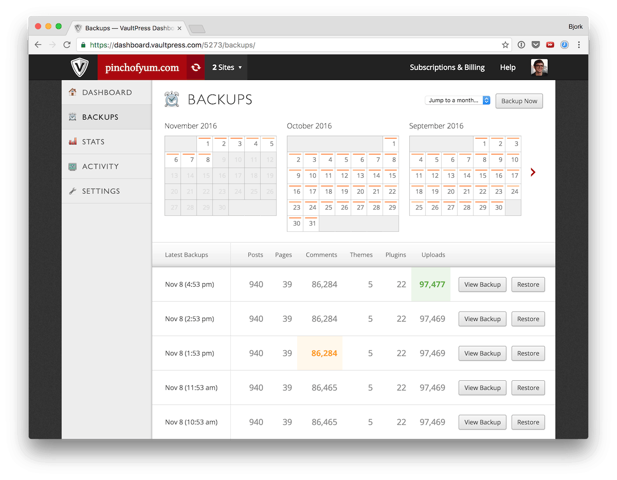 VaultPress Backups.