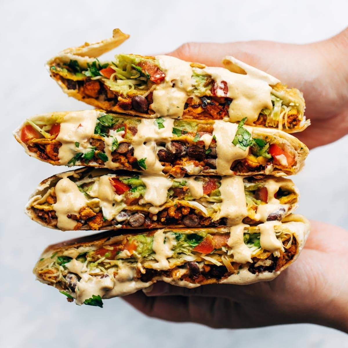 Vegan crunchwrap supreme with cashew queso.