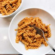 Vegan vodka pasta in a bowl.