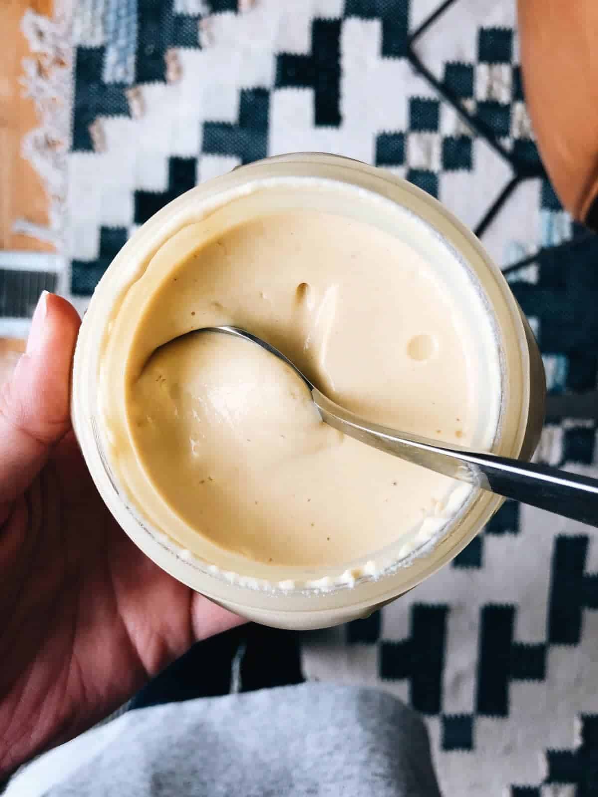 Cashew yogurt in jar.