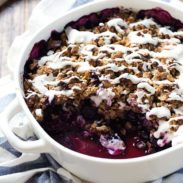 Blueberry crisp in pan.