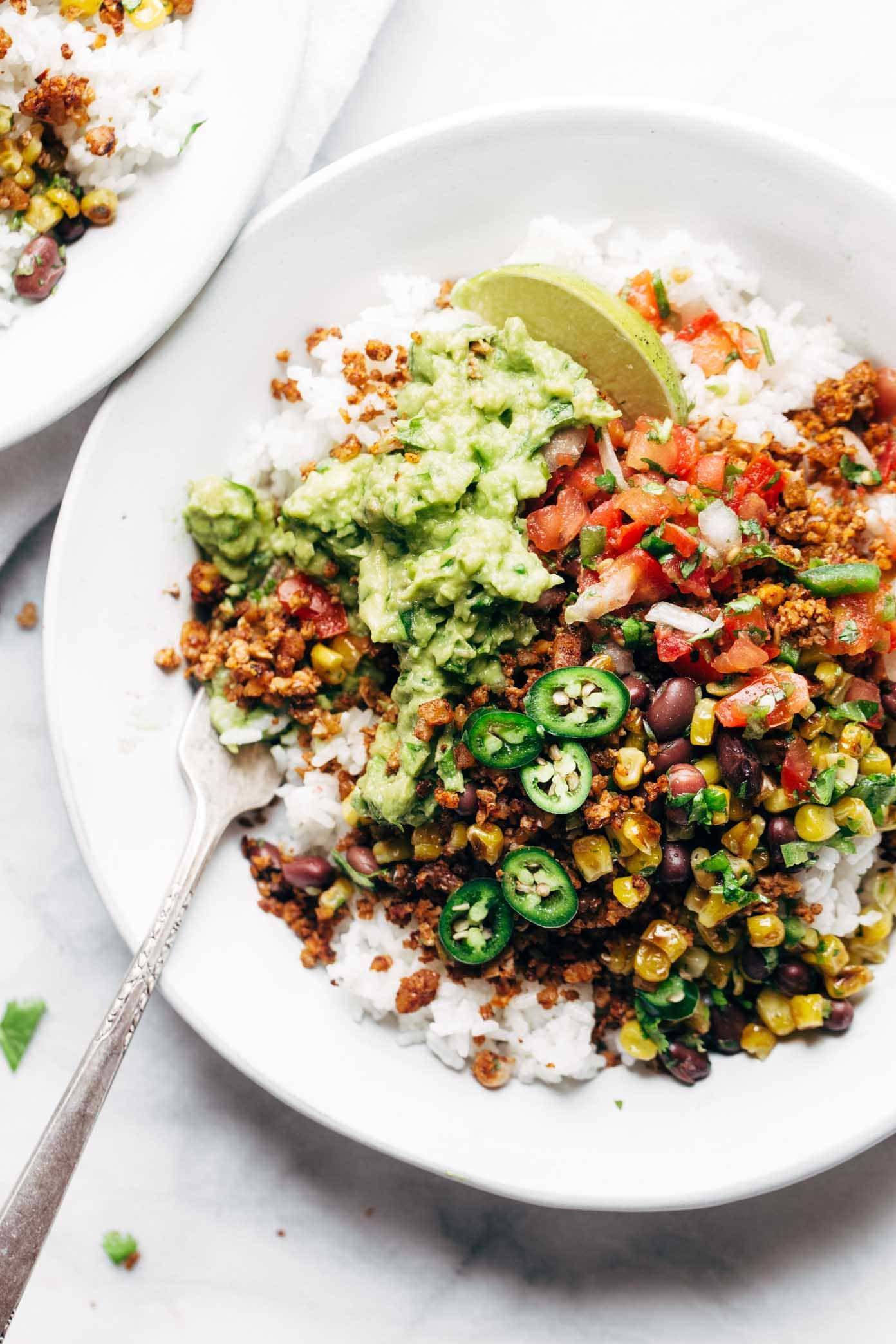 Spicy Cauliflower Walnut Taco Meat in a bowl over rice.