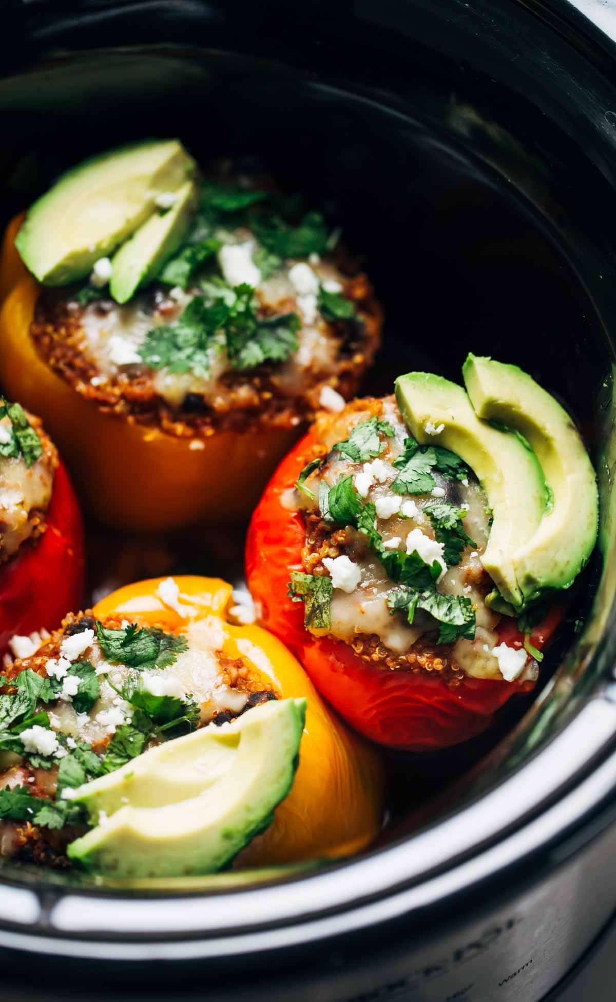 Quinoa Black Bean Crockpot Stuffed Peppers in a crock pot.